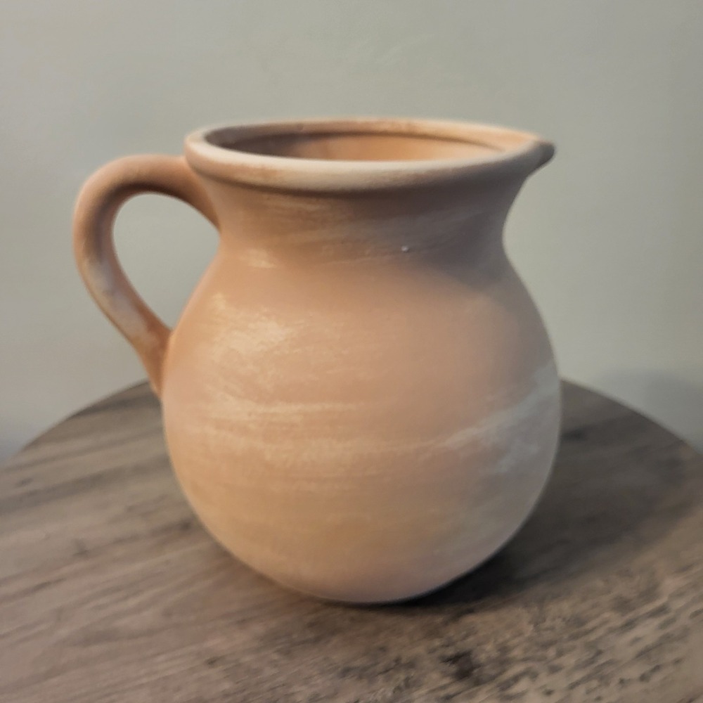 Terracotta Clay Pitcher Matte Beige Round Solid Handle 7" Pottery Holder rustic